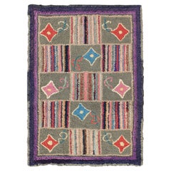 Antique American Hooked Rug with Colorful Geometric Design with Solid Border
