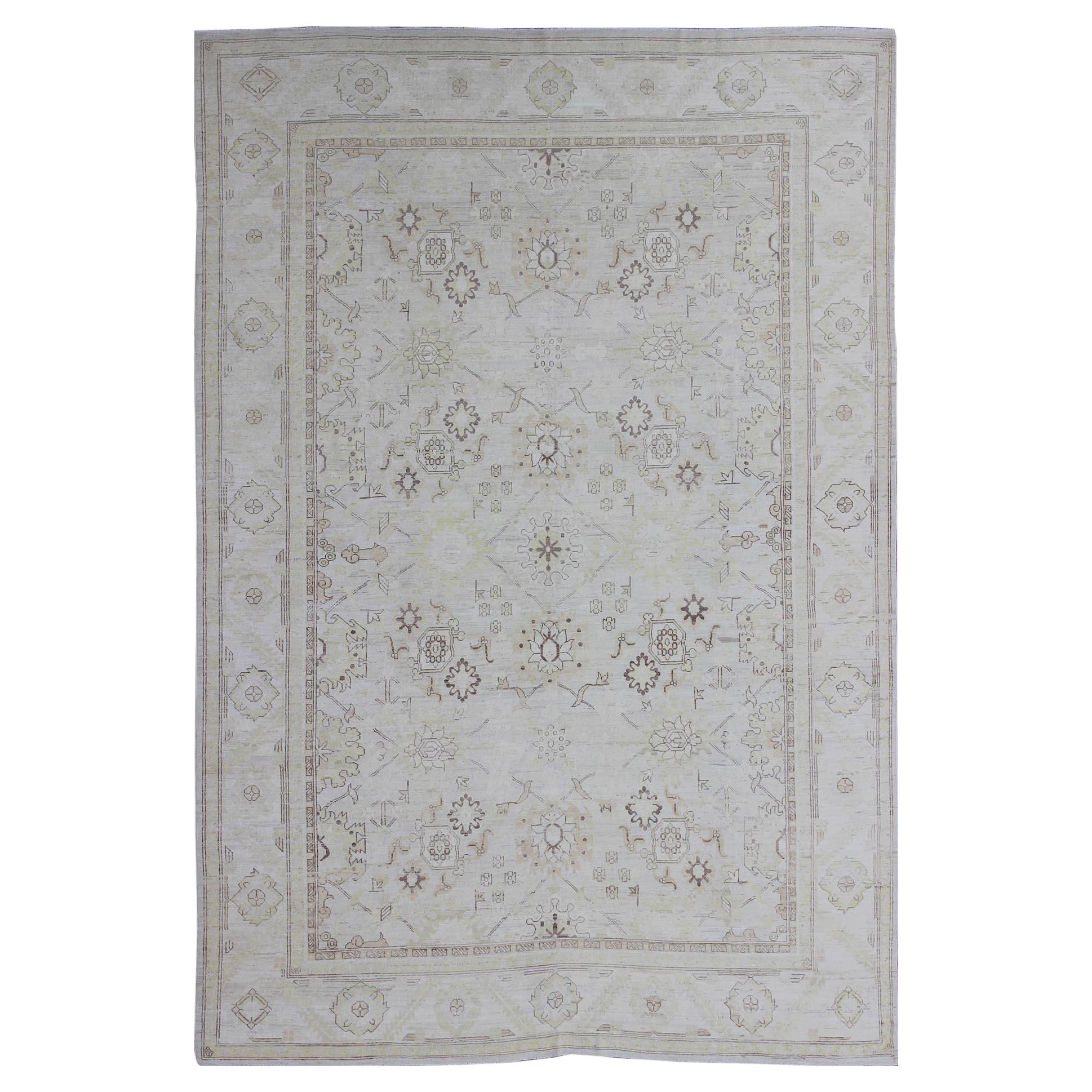 Very Fine Transitional Rug with Stylized Geometric Motifs in Cream & Soft Yellow For Sale