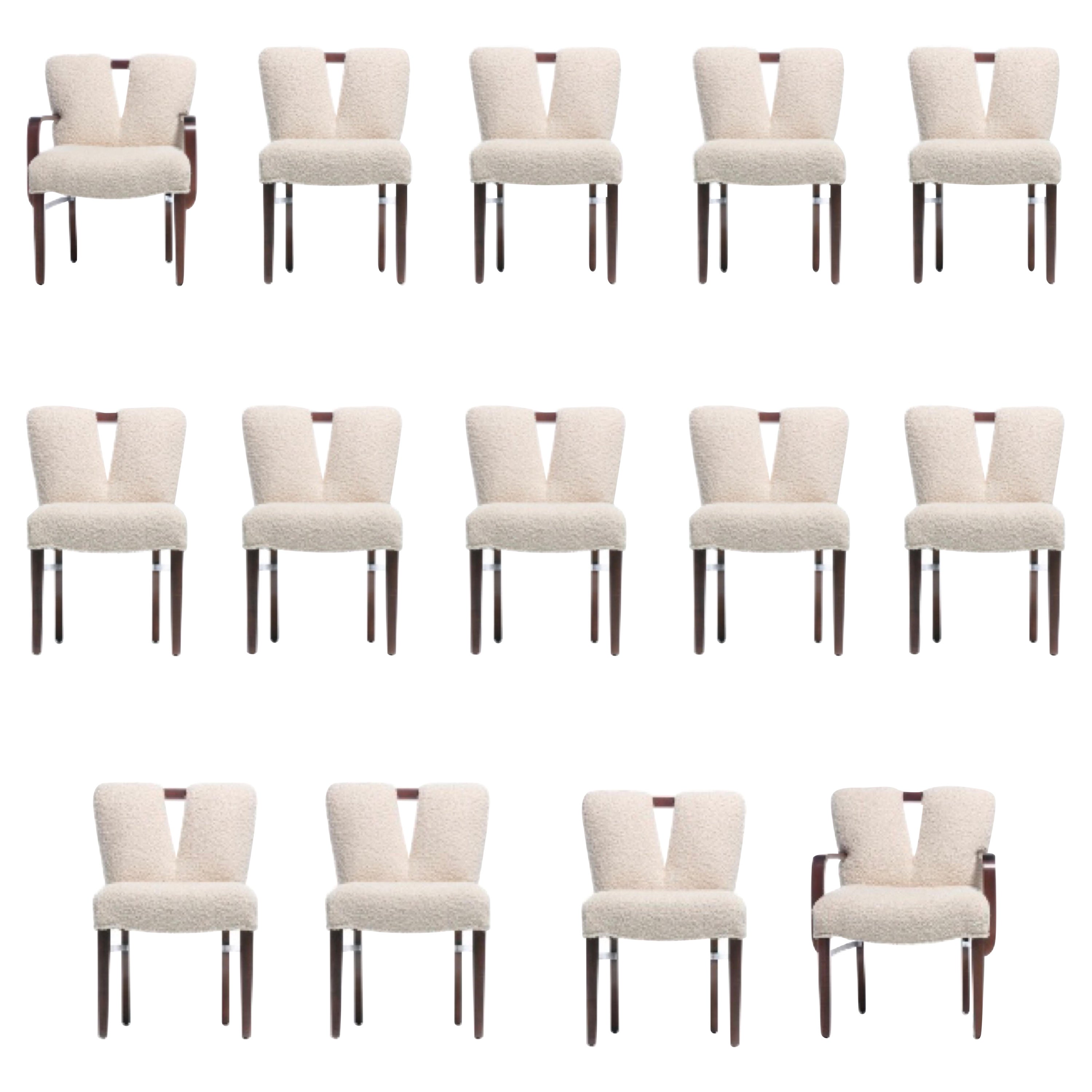 Set of 14 Paul Frankl Corset Back Dining Chairs in Ivory White Bouclé, c. 1950s