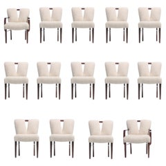 Set of 14 Paul Frankl Corset Back Dining Chairs in Ivory White Bouclé, c. 1950s
