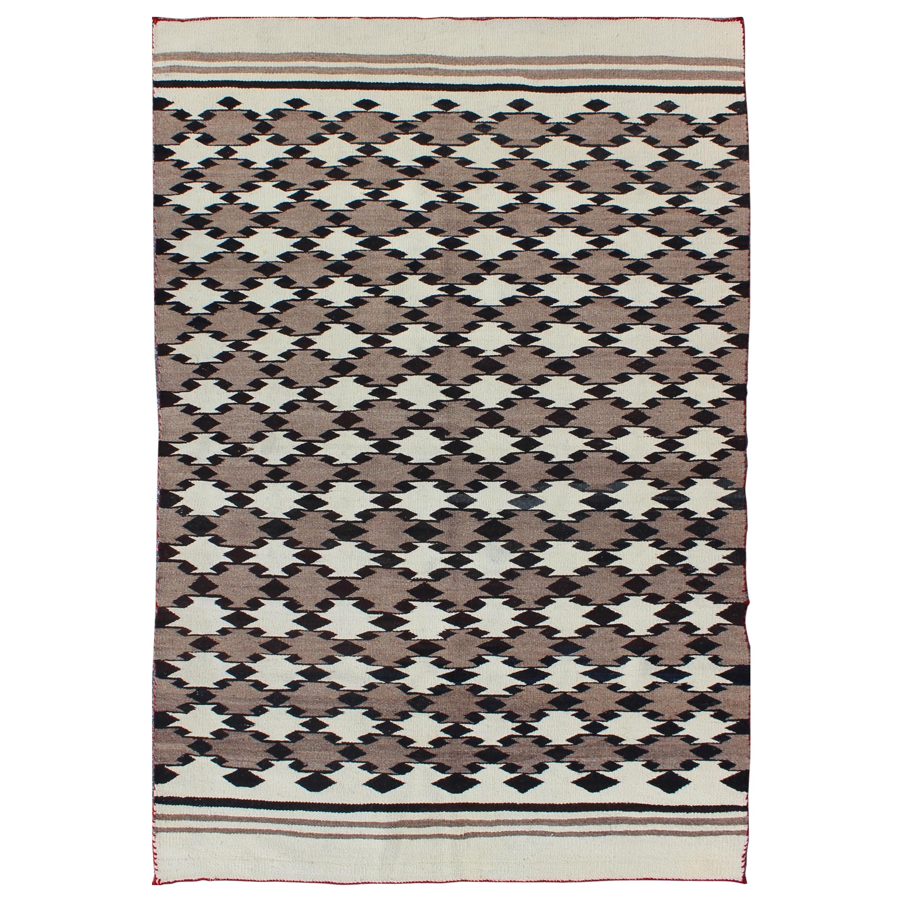 Navajo Blanket in Tribal All over Design Design in Light Brown, Black, and Ivory For Sale