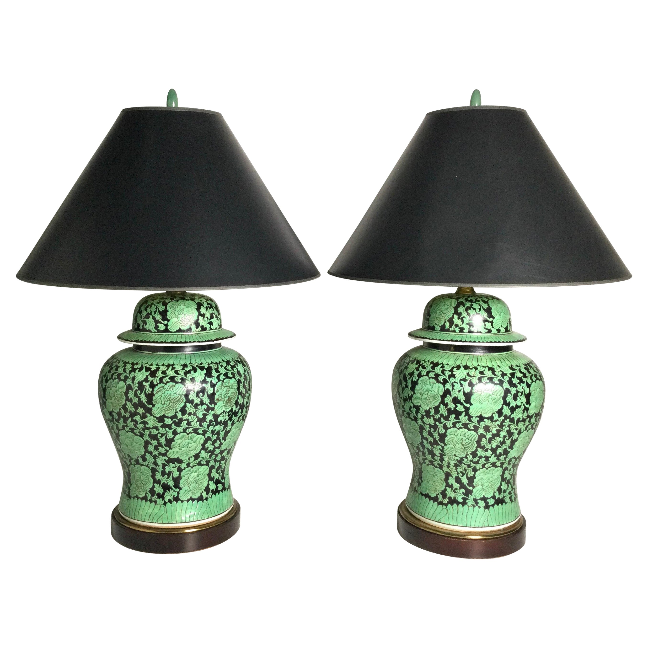 Pair of Chinese Green and Black Porcelain Ginger Jar Lamps