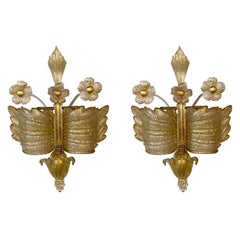Pair of Vintage Gold Murano Glass Flower and Leaf Wall Sconces