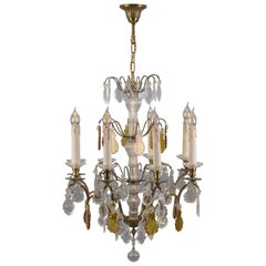 Early 20th Century French Eight–Light Crystal Glass and Brass Chandelier