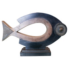 1970s Spanish 2-Tone Wood & Bronze Fish Table Figure Sculpture