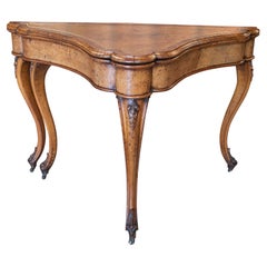 19th Century English Walnut Root Wood Folding Game Console Table w/ Leather Top