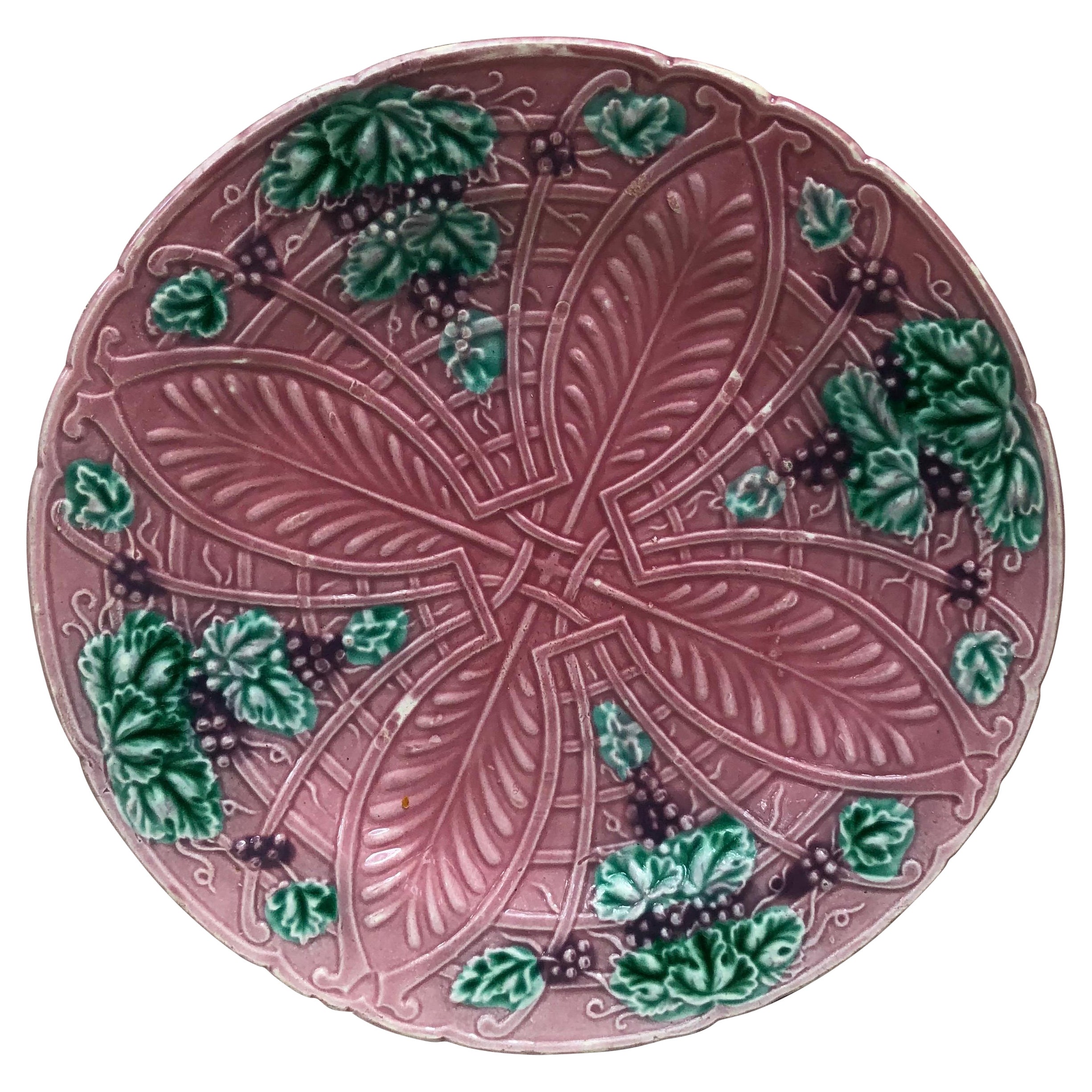 French Majolica Plate Grapes Salins, circa 1890