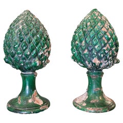 Pair of 1950s Spanish Green Glazed Pine Cone Terracotta Finials