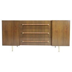 Vintage T.H. Robsjohn-Gibbings Rare Sideboard or Cabinet in Walnut, Rattan and Brass