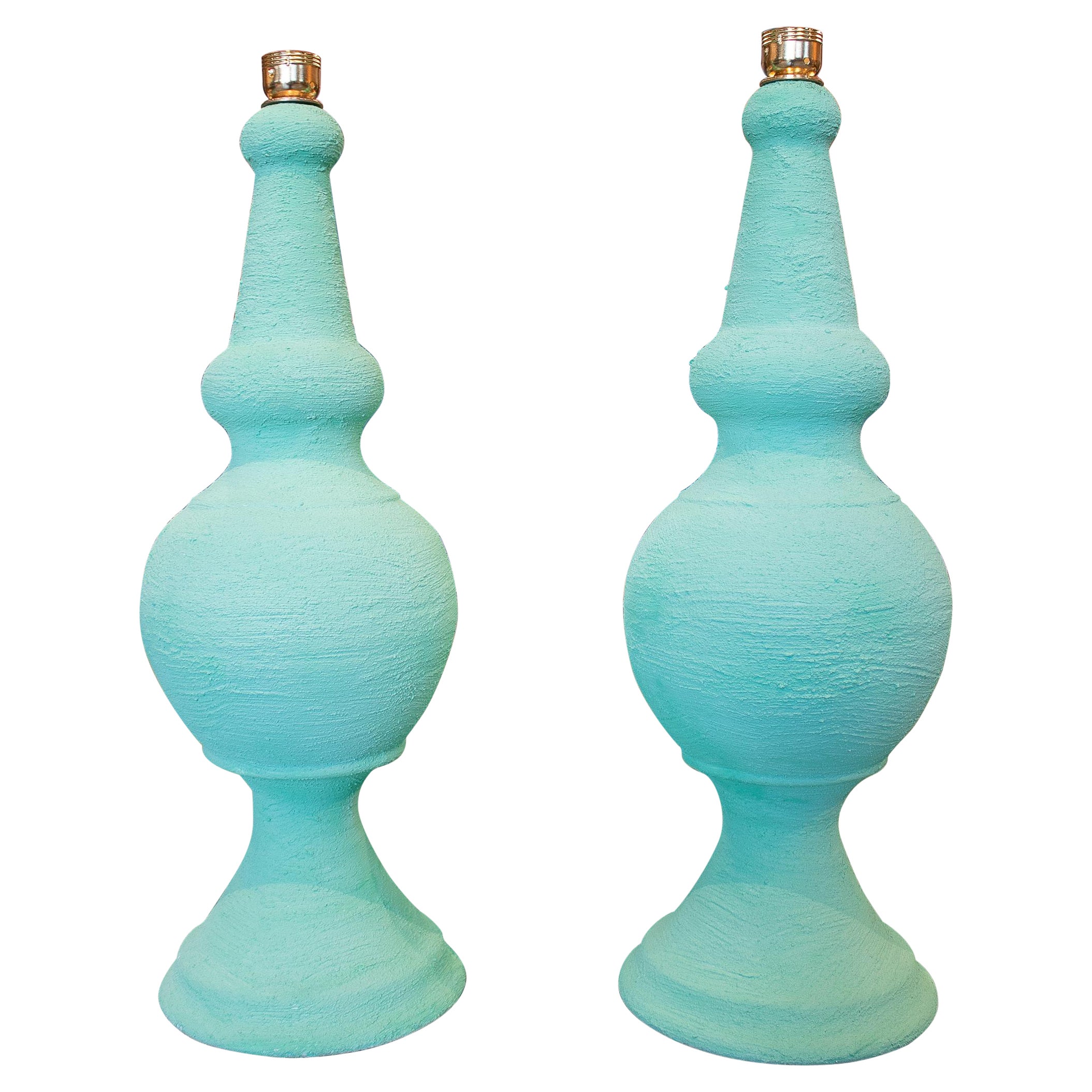 Pair of 1980s Spanish Handcrafted Green Ceramic Table Lamps