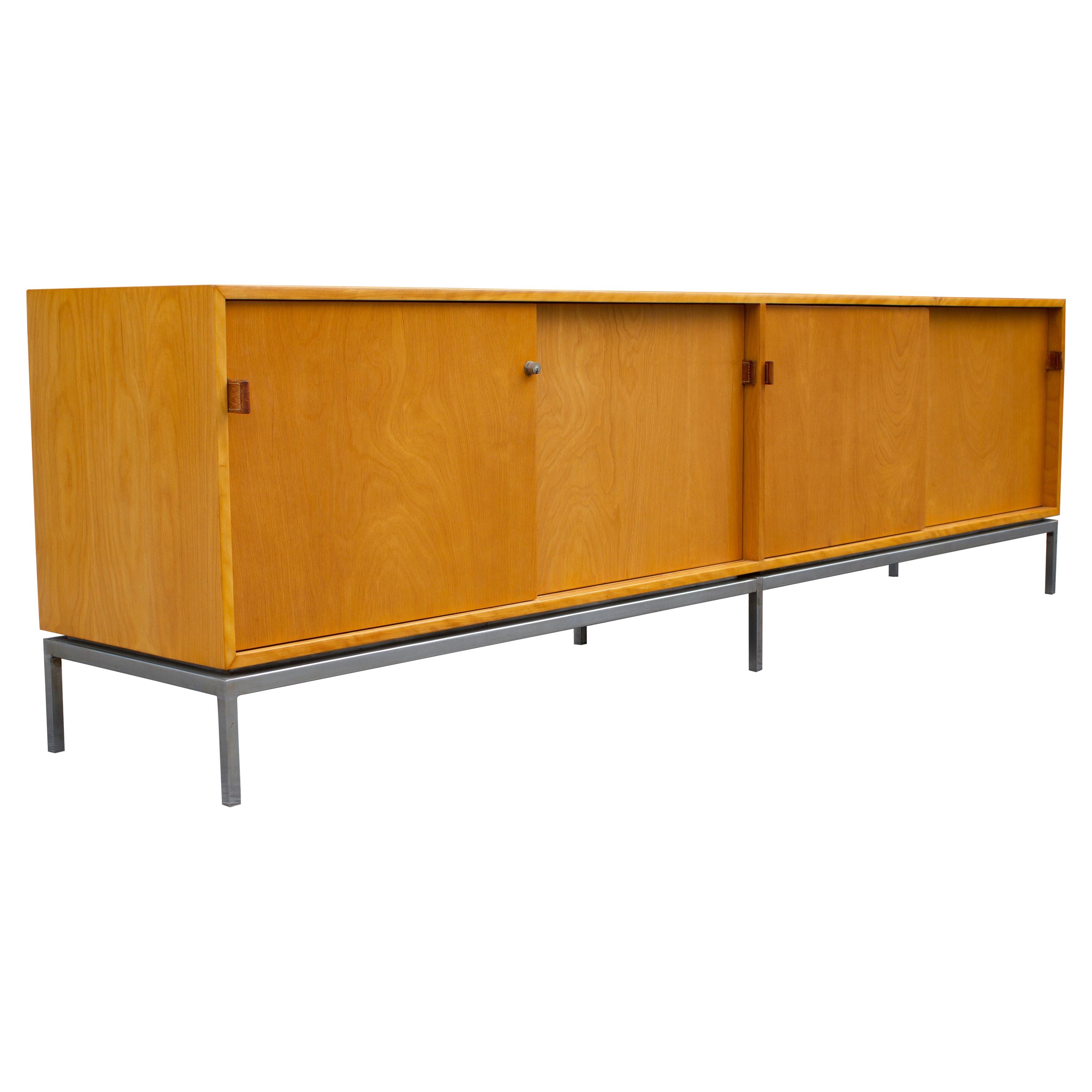 Florence Knoll Maple Credenza with Leather Pulls and Oak Drawers Early 1950s