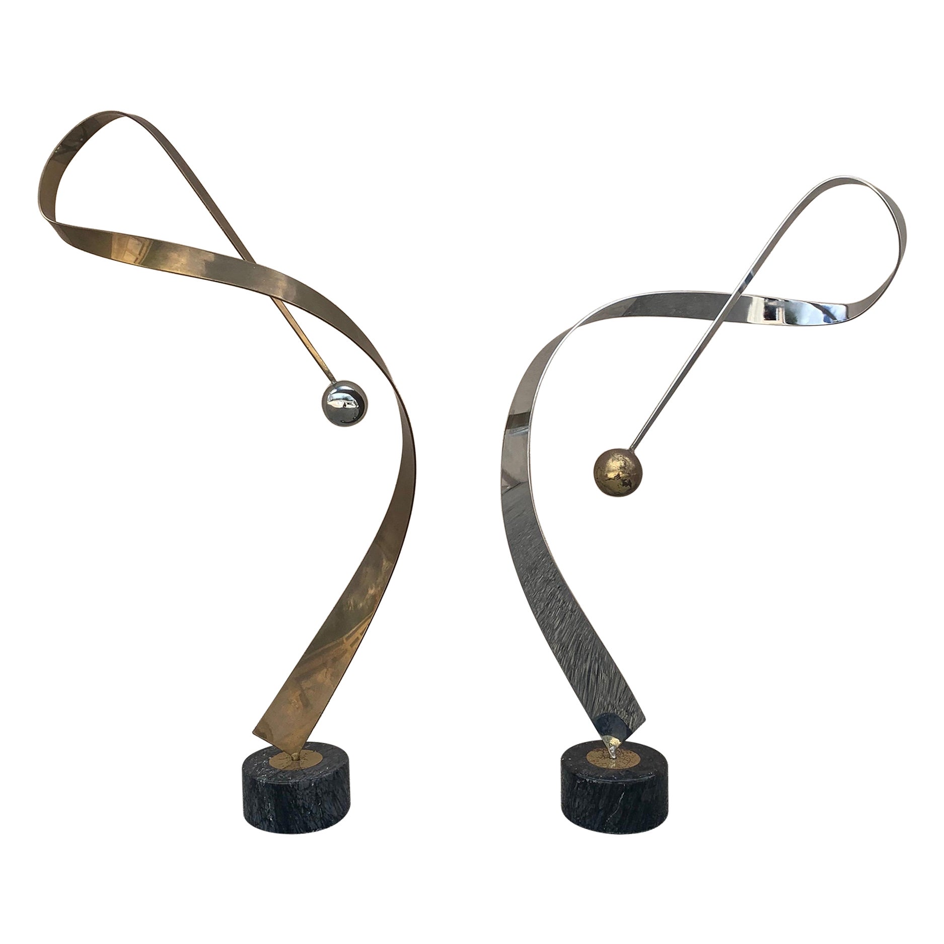 Mirrored Pair of C. Jere Ribbon Sculptures in Brass and Chrome For Sale