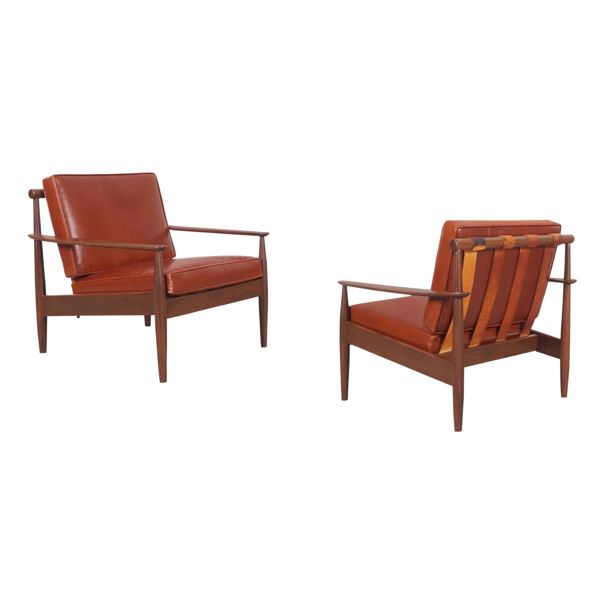 Danish Modern Leather and Walnut Lounge Chairs by Hans C. Andersen
