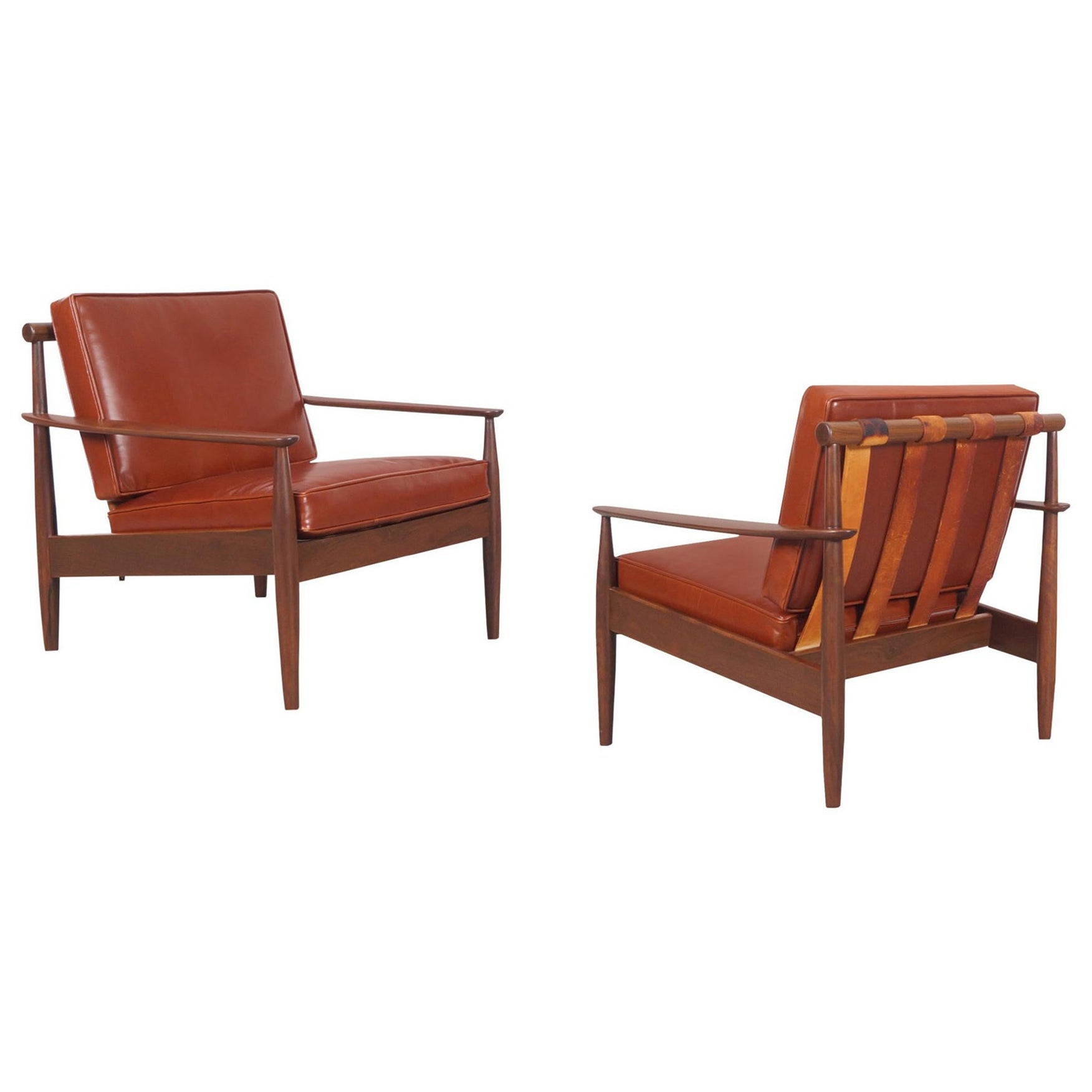 Danish Modern Leather and Walnut Lounge Chairs by Hans C. Andersen For Sale
