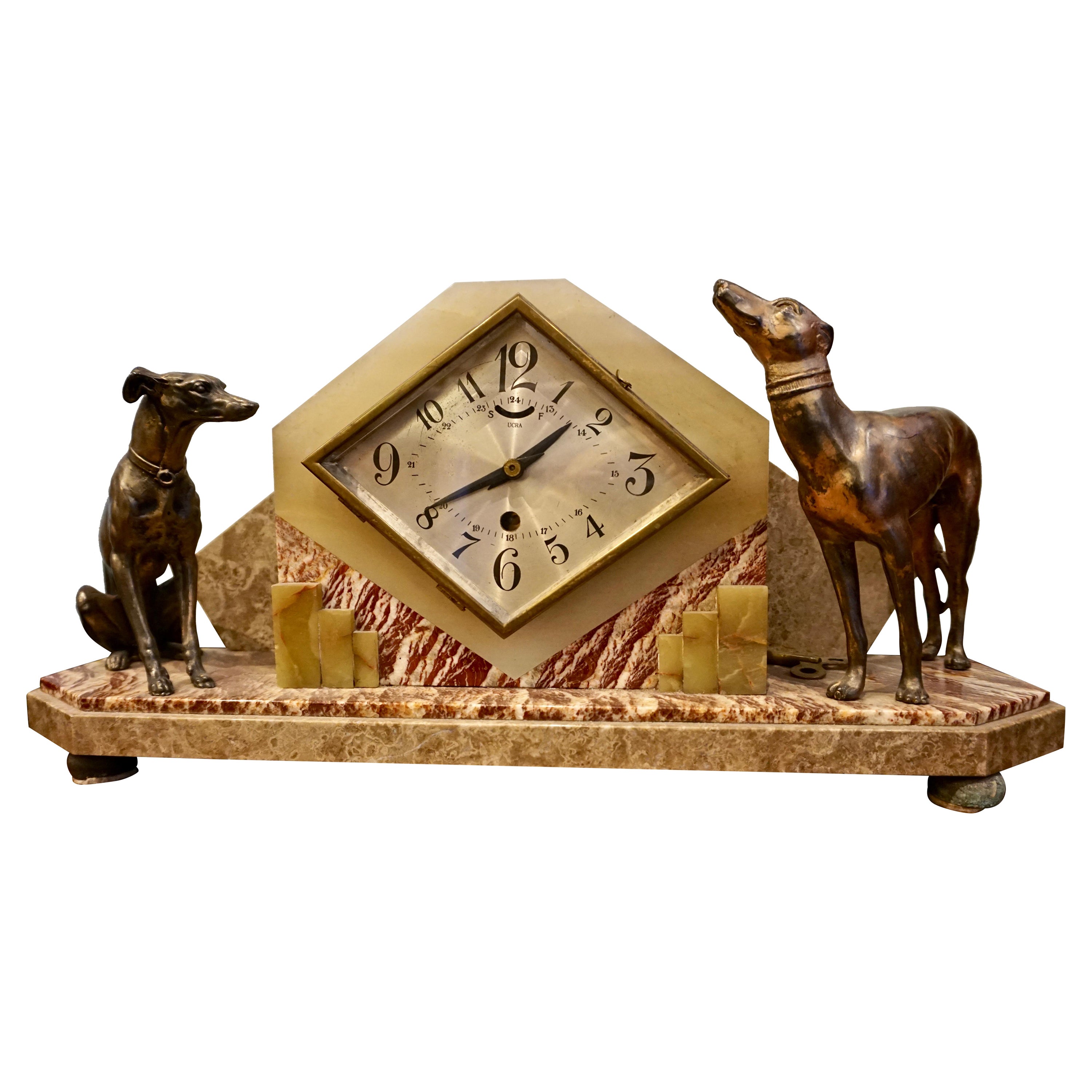 Rare French Art Deco Marble and Onyx Mantel Clock with Bronze Dog Figurines  For Sale at 1stDibs
