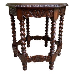 Petite Antique French Carved Oak Octagon Wine Tea Side Table Barley Twist, c1900