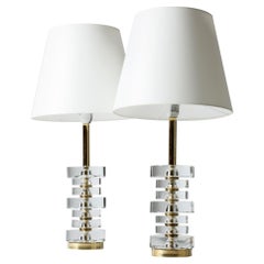 Pair of Glass and Brass Table Lamps by Carl Fagerlund for Orrefors, Sweden