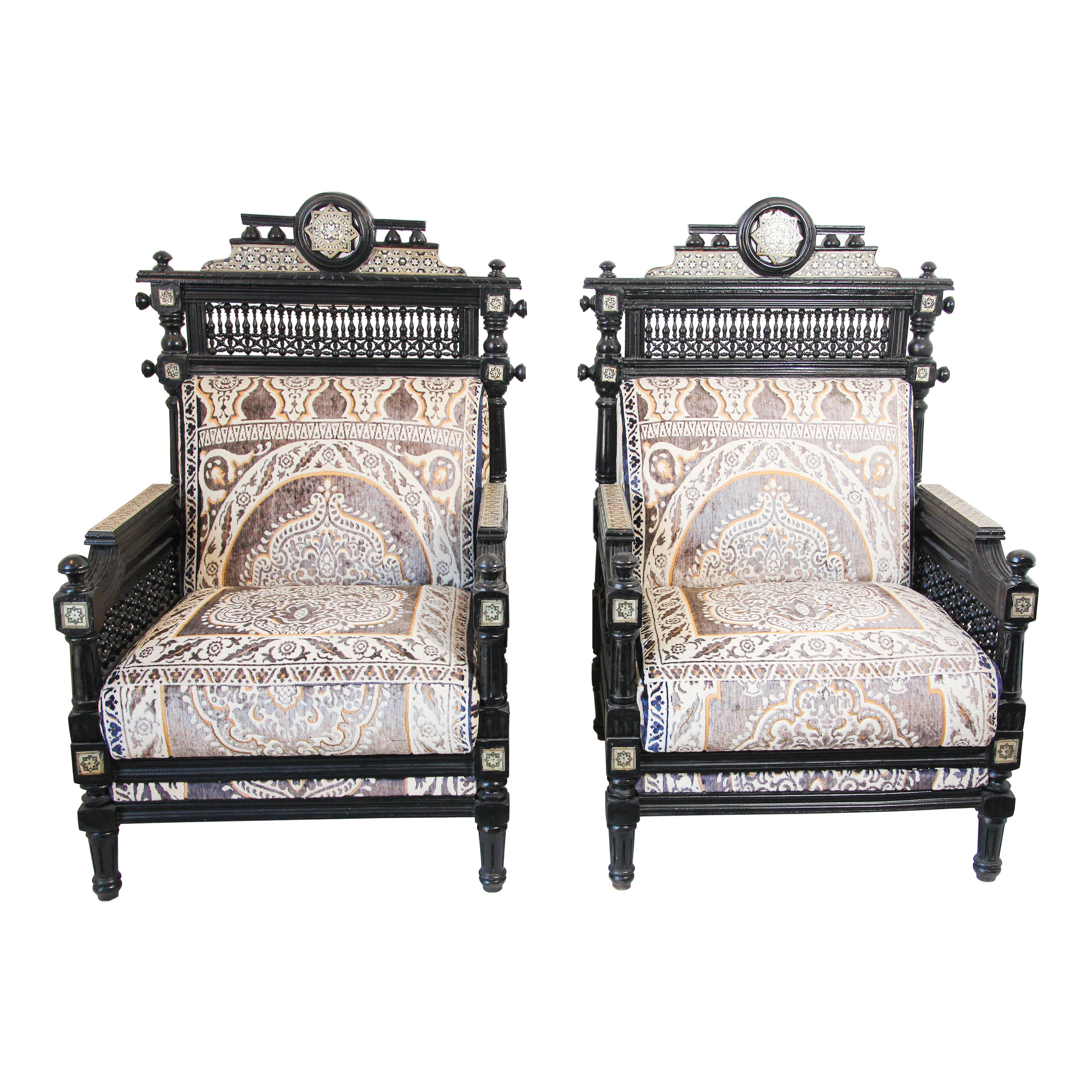 Pair of Antique Middle Eastern Moorish Black Armchairs
