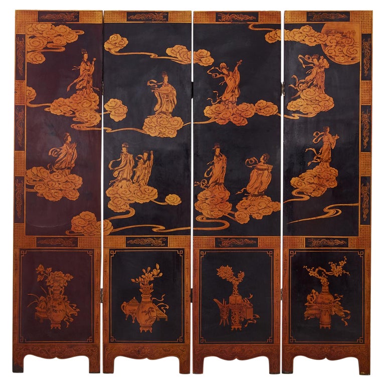 Mid-Century Chinese Export Four Panel Gilt Lacquered Coromandel Screen For Sale