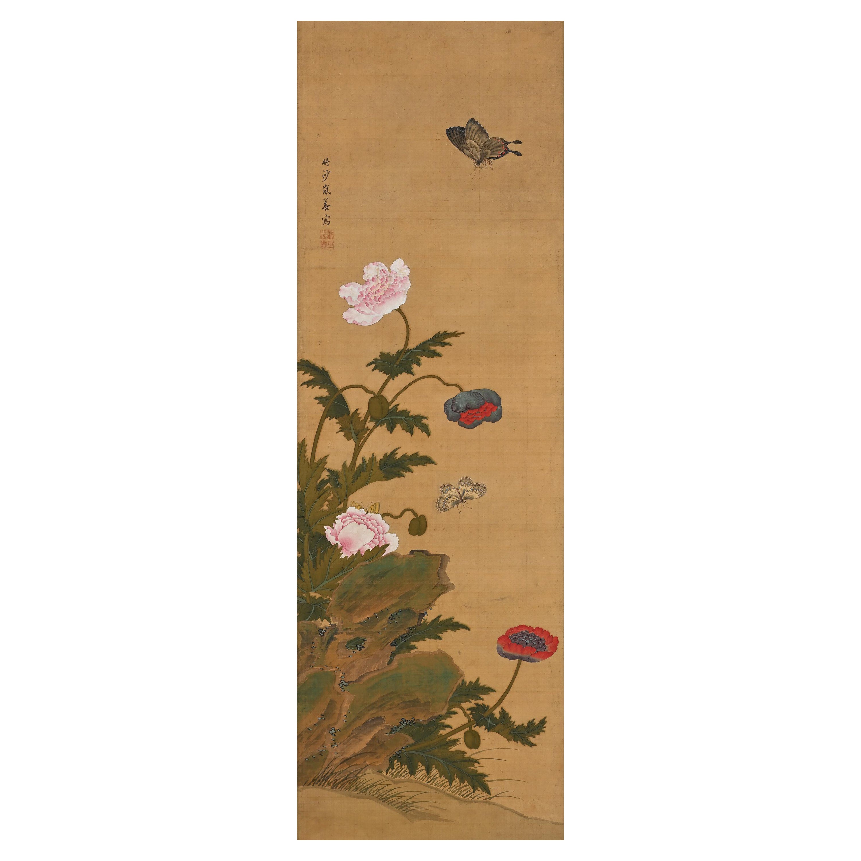 19th Century Japanese Scroll Painting by Igarashi Chikusa, Poppies & Butterflies