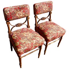 Pair of Victorian Gothic Hand Carved Fine Mahogany Chairs in Floral Fabric