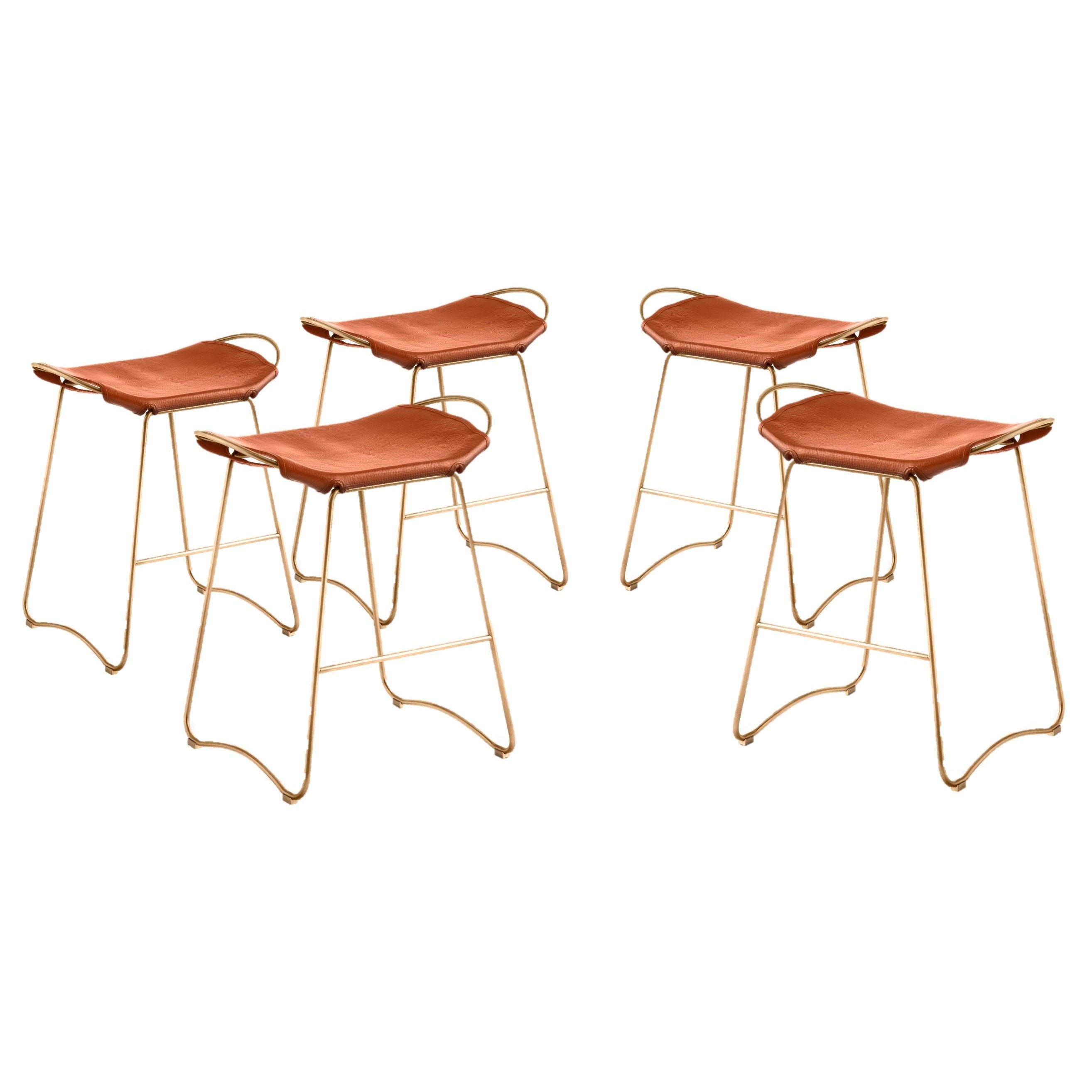 Set of 5 Contemporary Kitchen Counter Bar Stool Brass Metal & Tobacco Leather For Sale
