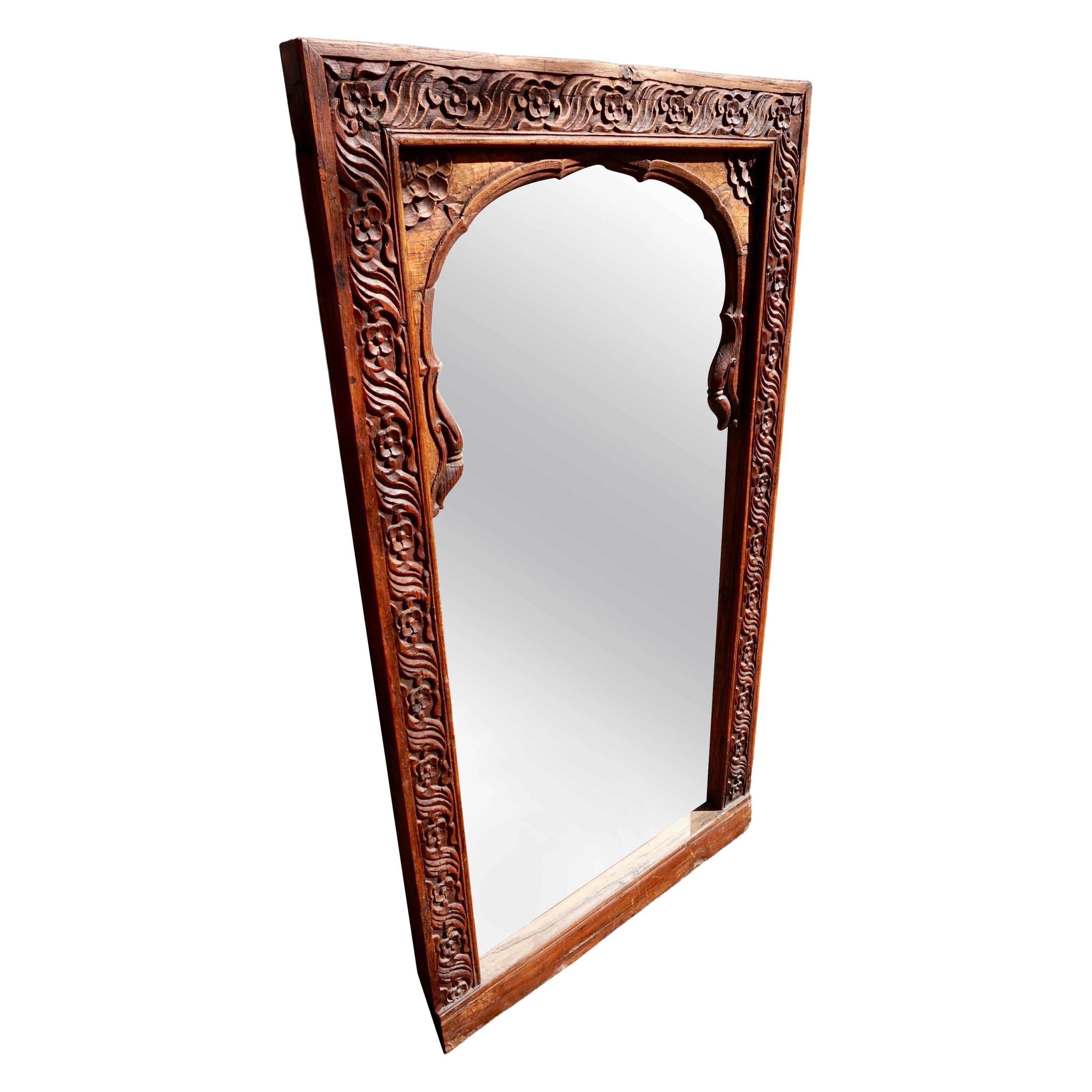 19th Century Carved Arch Teak Indian Window Frame Mirror  For Sale