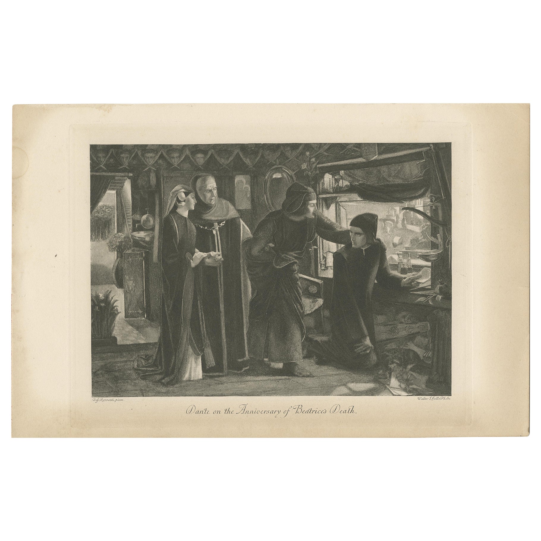 Antique Print of Dante on the Anniversary of Beatrice's Death by Colls 'c.1895' For Sale