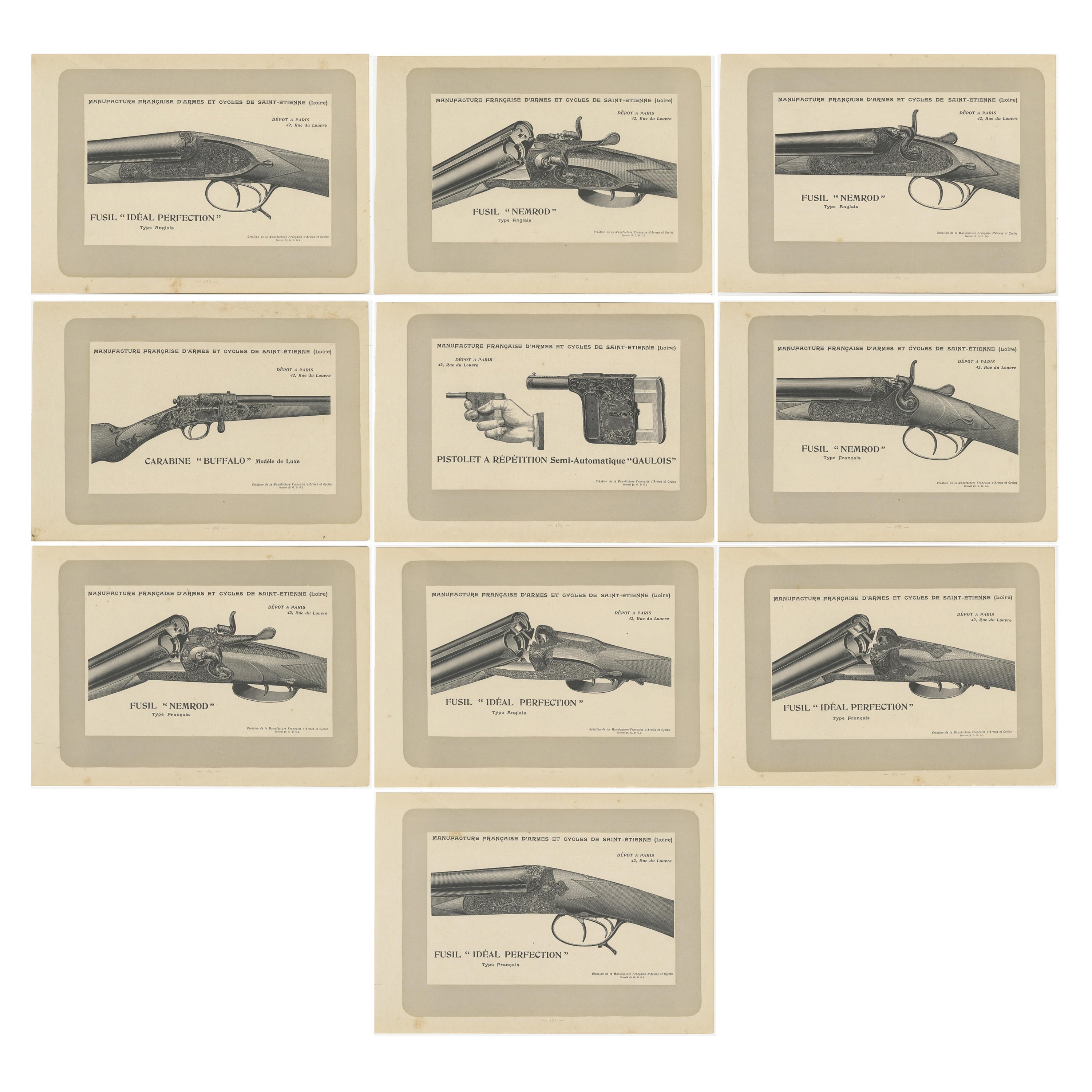 Set of 10 Antique Gun Prints by Mahler '1907' For Sale