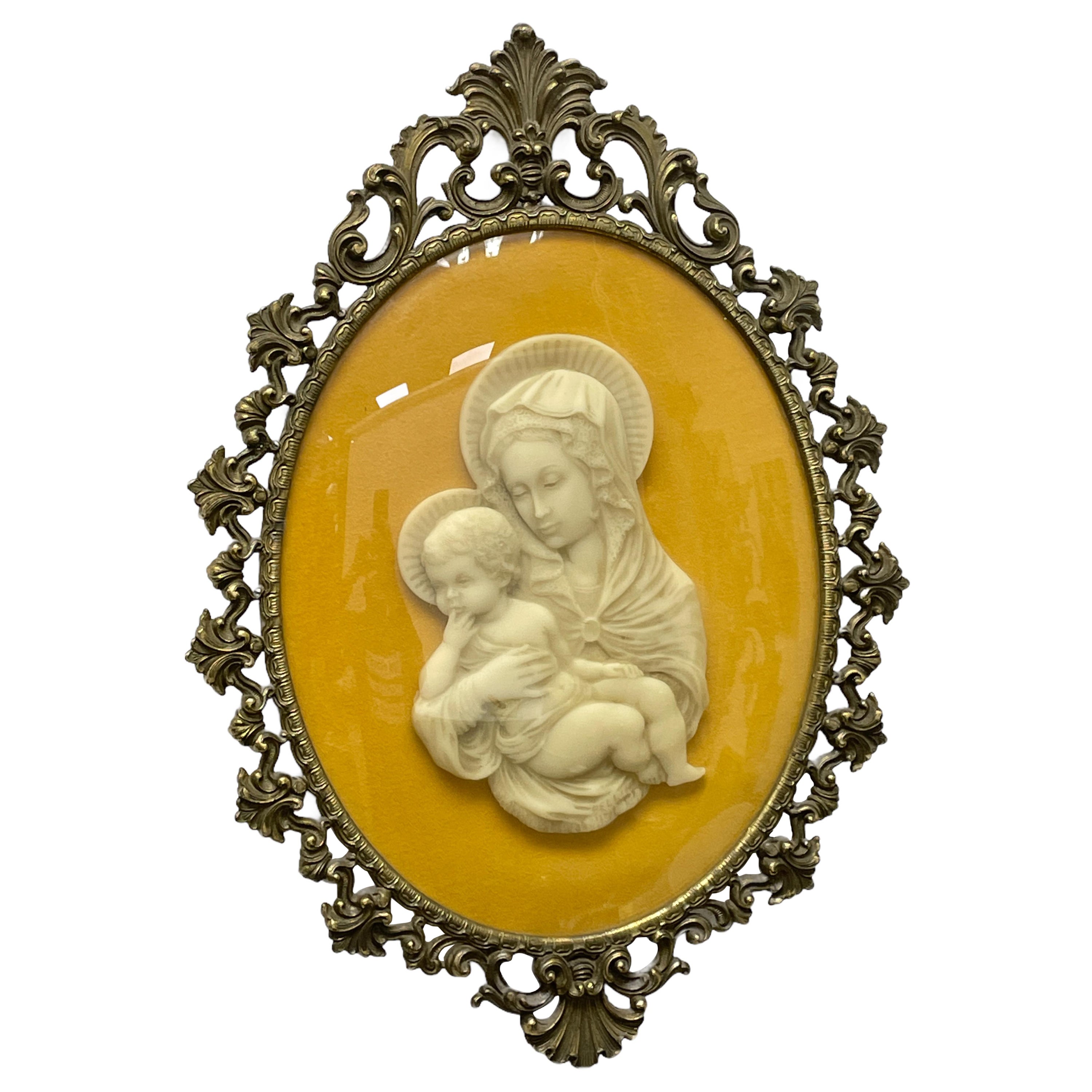 Framed Mary and Jesus Child Wax Miniature Portrait, Brass and Glass Italy, 1930s