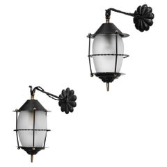 Set of 3 French Lanterns Lacquered Metal and Frosted Glass Vintage Design F287