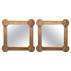 Pair of Modern Spanish Handcrafted Bamboo Square Mirrors