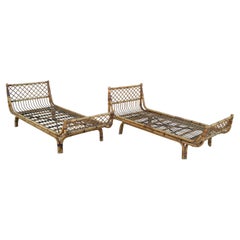 Pair of 1970s Spanish Hand Woven Bamboo Beds w/ Iron Structure