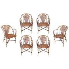 Set of Six 1970s Spanish Hand Woven Wicker on Cane Garden Chairs