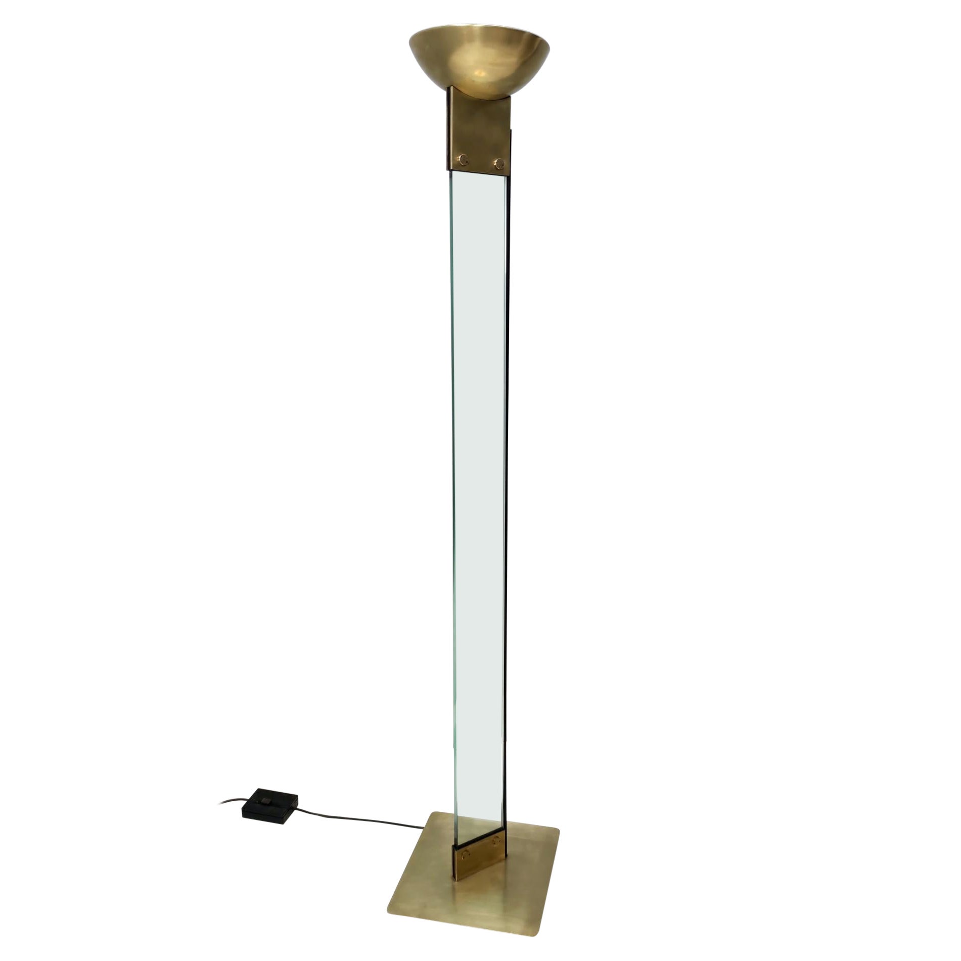 Elegant Postmodern Glass, Brass and Varnished Metal Floor Lamp, Italy, 1980s For Sale