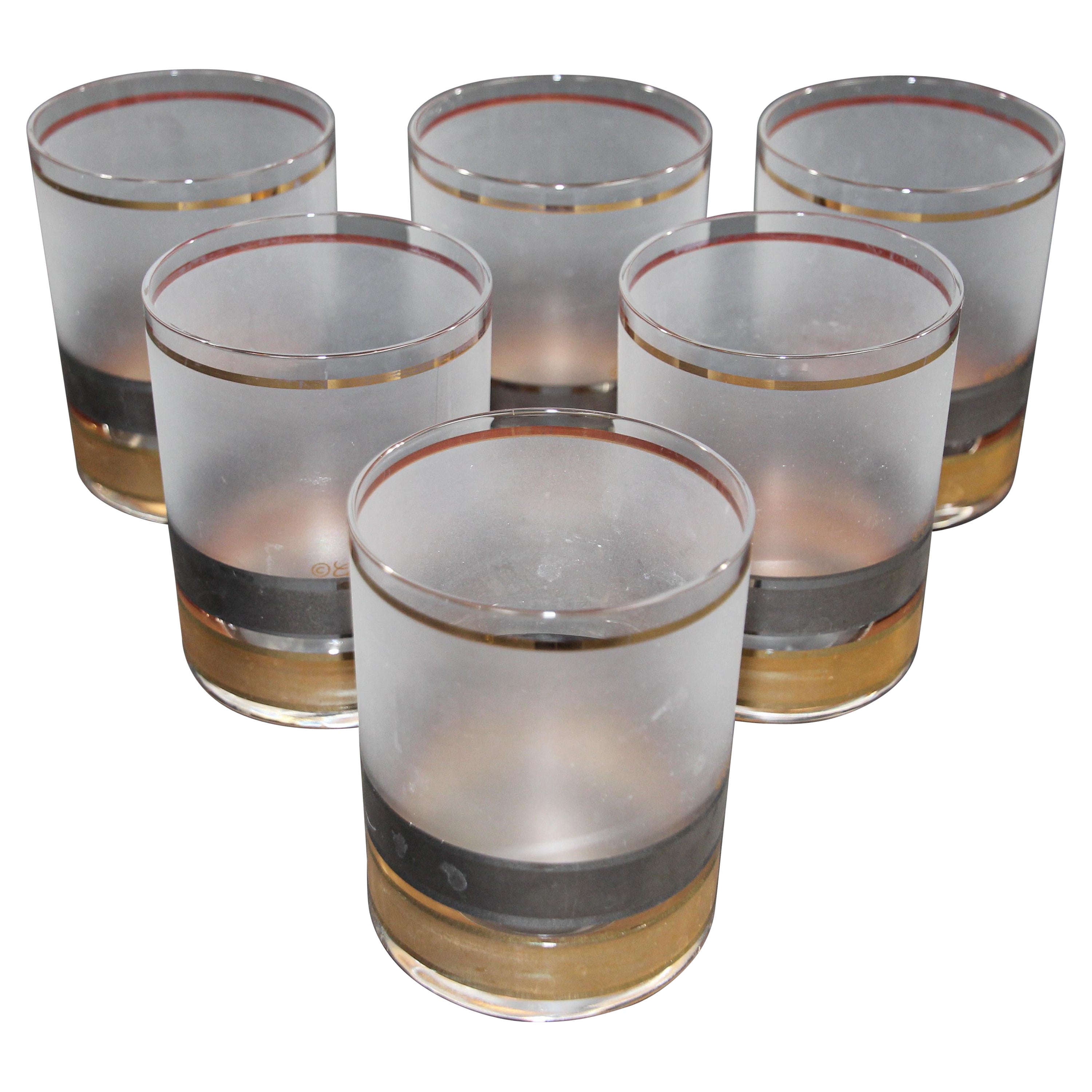 Vintage Culver Set of Six Rock Glasses Frosted with Gold and Black 