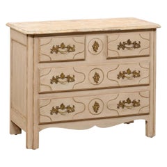 French Painted Wood Commode w/Faux Marble Top & Brass Rococo Style Hardware