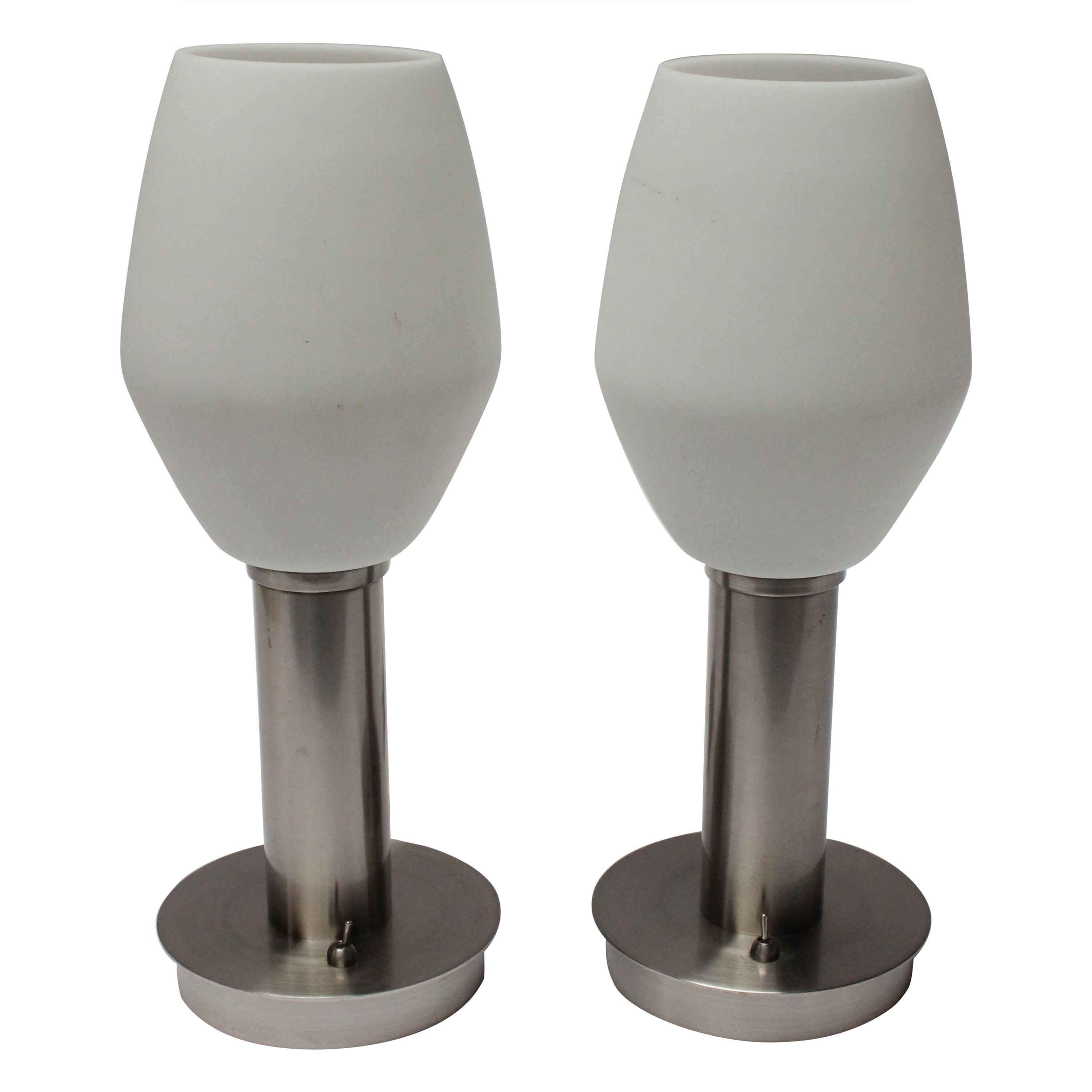 Pair of Mid-Century Brushed Aluminum Table Lamps with Frosted Glass Shades For Sale