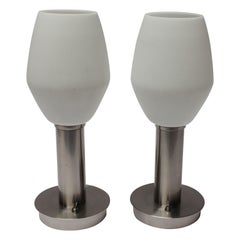 Pair of Mid-Century Brushed Aluminum Table Lamps with Frosted Glass Shades