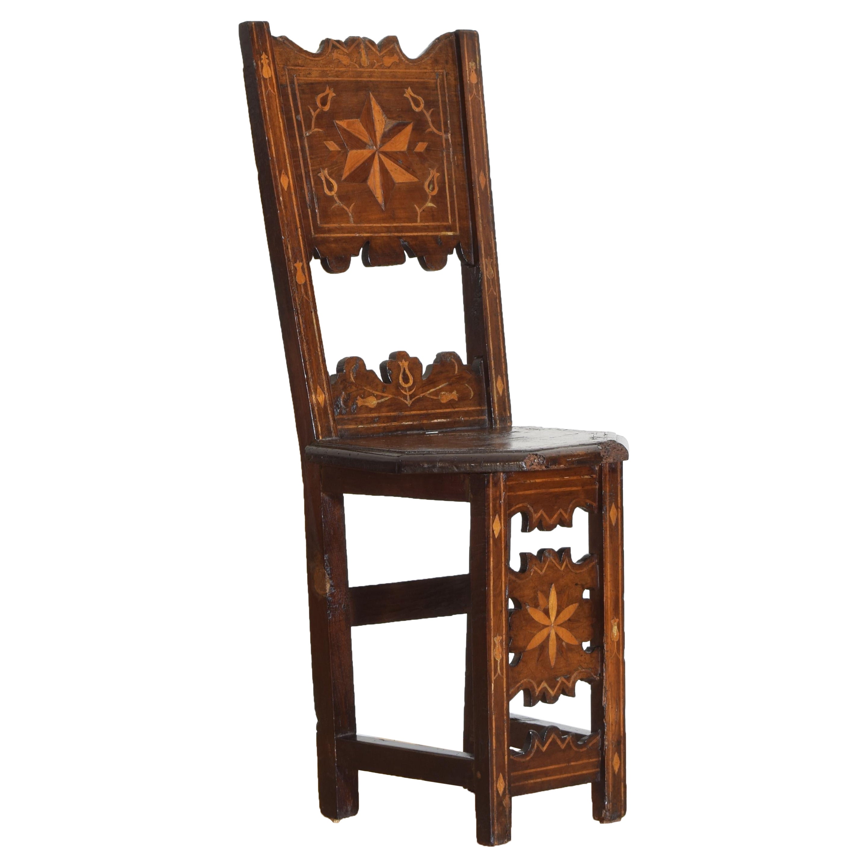 Italian Baroque Walnut and Inlaid Convent Chair, Mid 17th Century