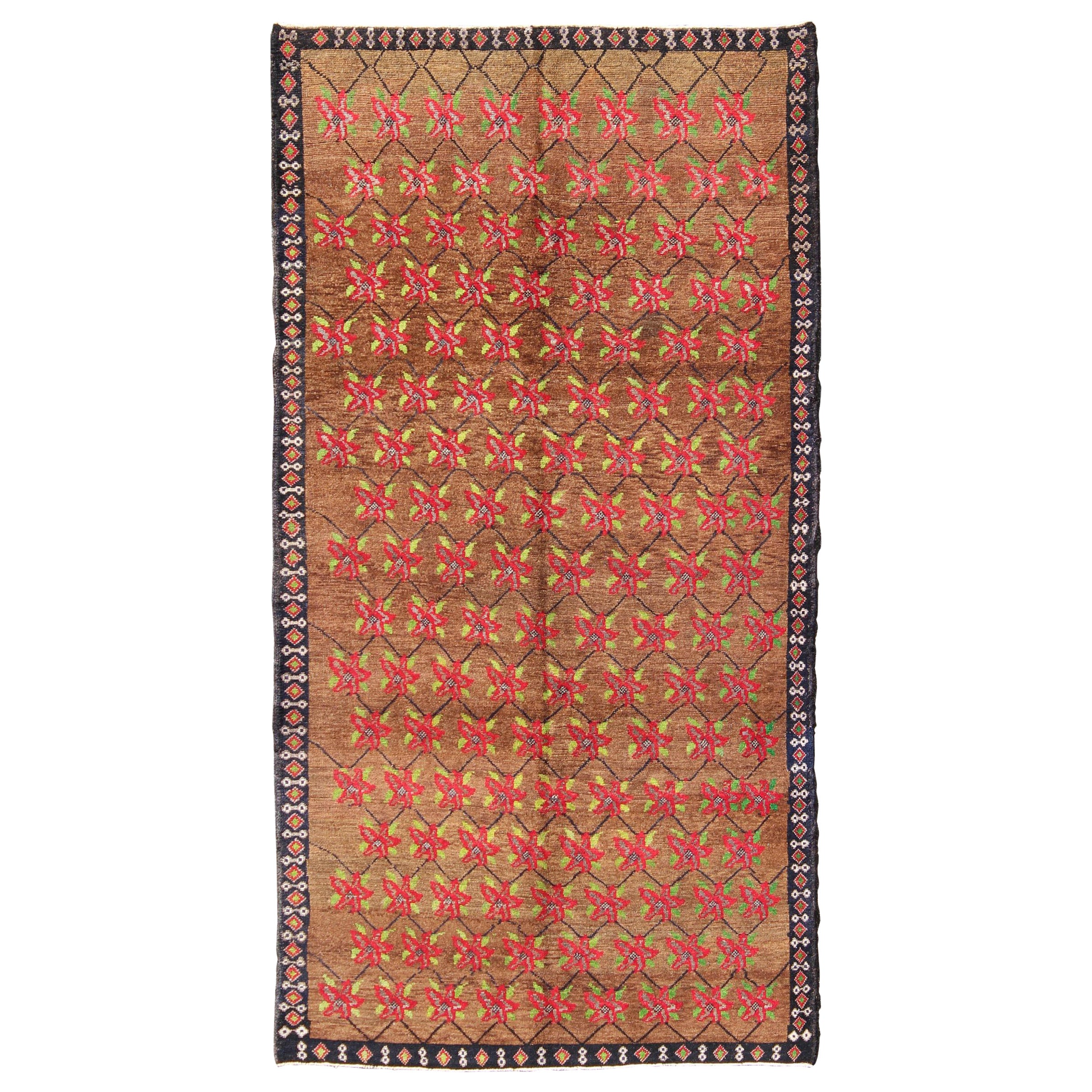 Vintage Turkish Tulu Rug with a Modern Design with Poinsettia Flower Design