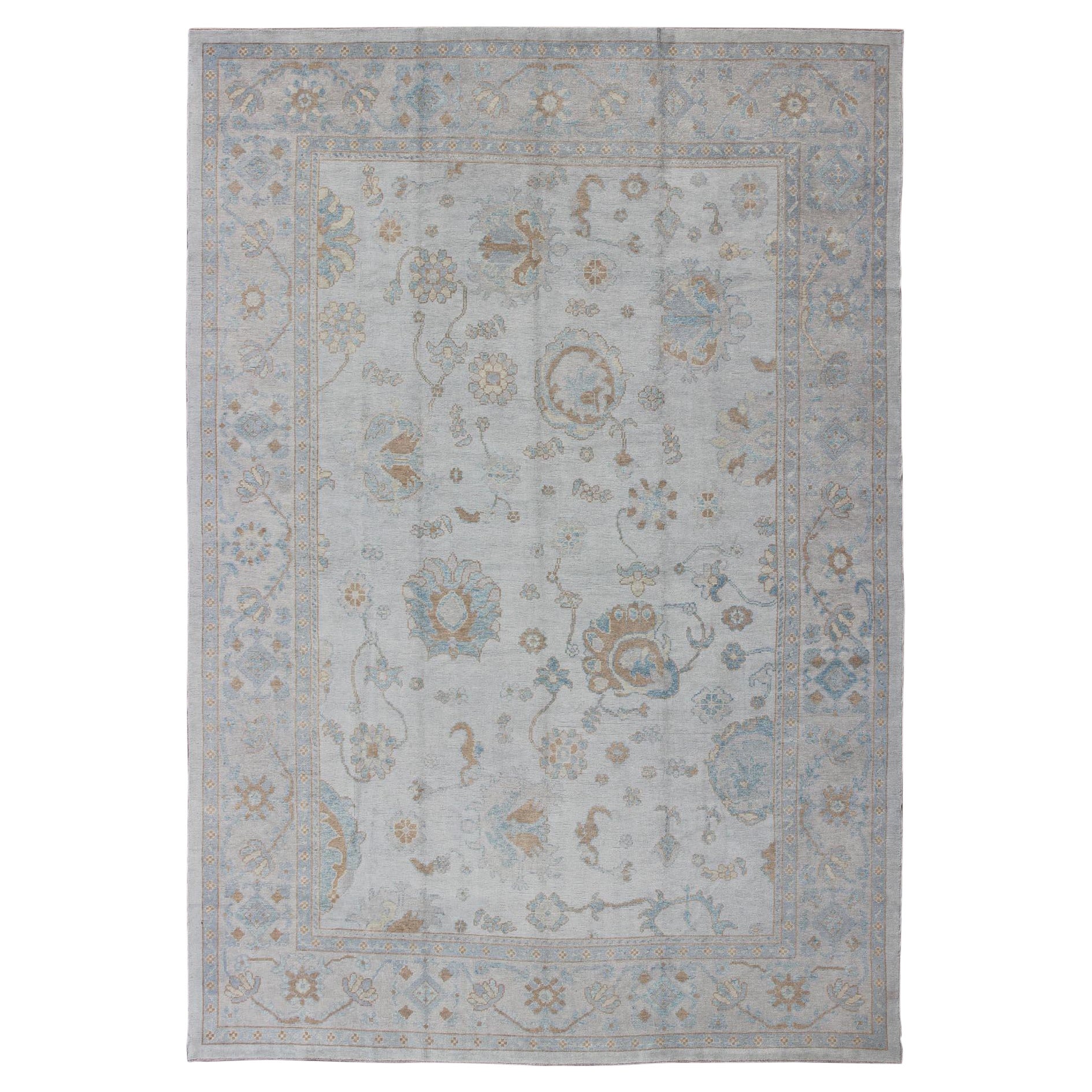 Large Turkish Oushak Rug with Neutral Color Palette in Off-White, Light Blue For Sale