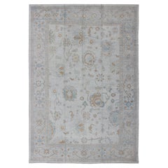 Large Turkish Oushak Rug with Neutral Color Palette in Off-White, Light Blue