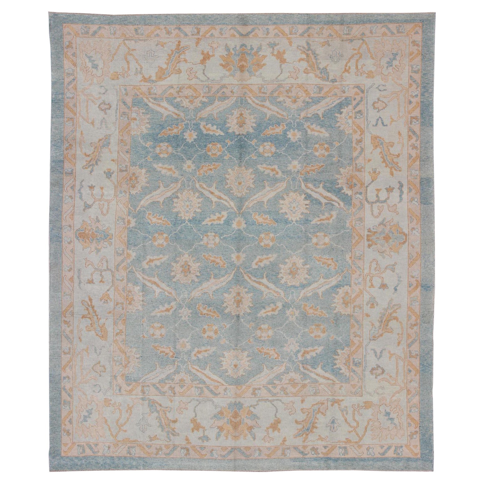 Square Turkish Oushak Rug in Light Blue, Light Brown, Salmon, Silver & Tan For Sale