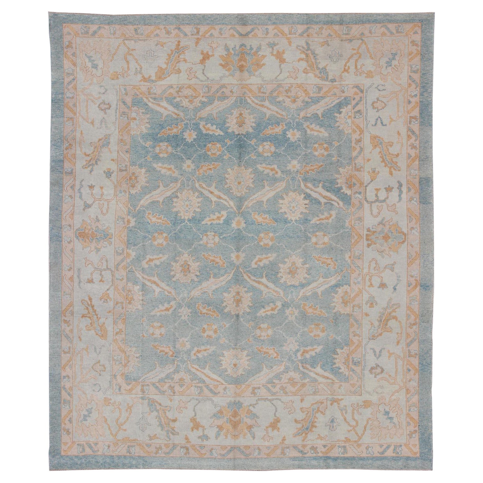 Square Turkish Oushak Rug in Light Blue, Light Brown, Salmon, Silver & Tan