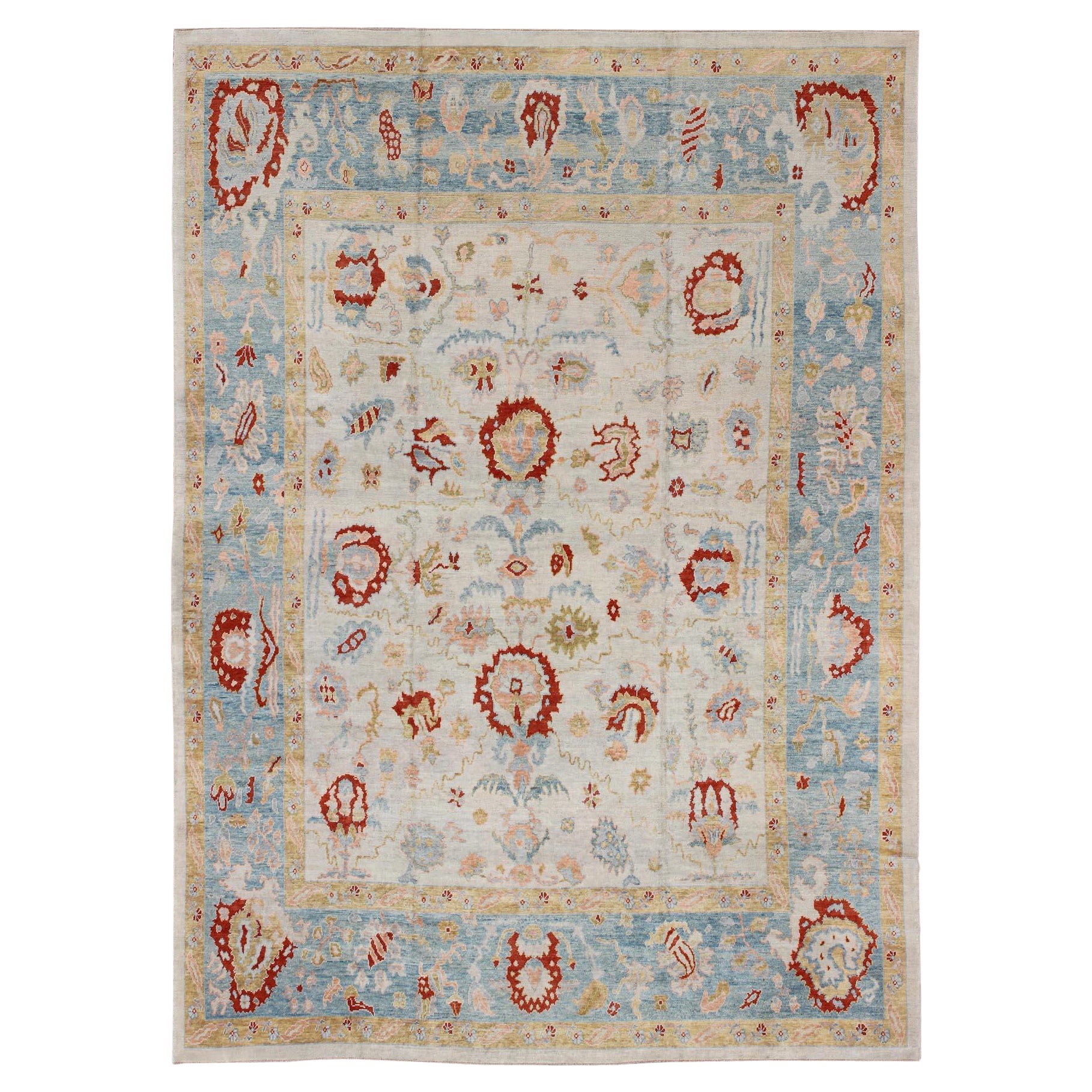 Grand tapis turc Oushak avec motif sur toute sa surface en bleu clair, ivoire et rouge 