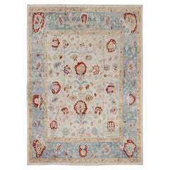 Large Oushak Turkish Rug with All Over Design in Light Blue, Ivory & Red 