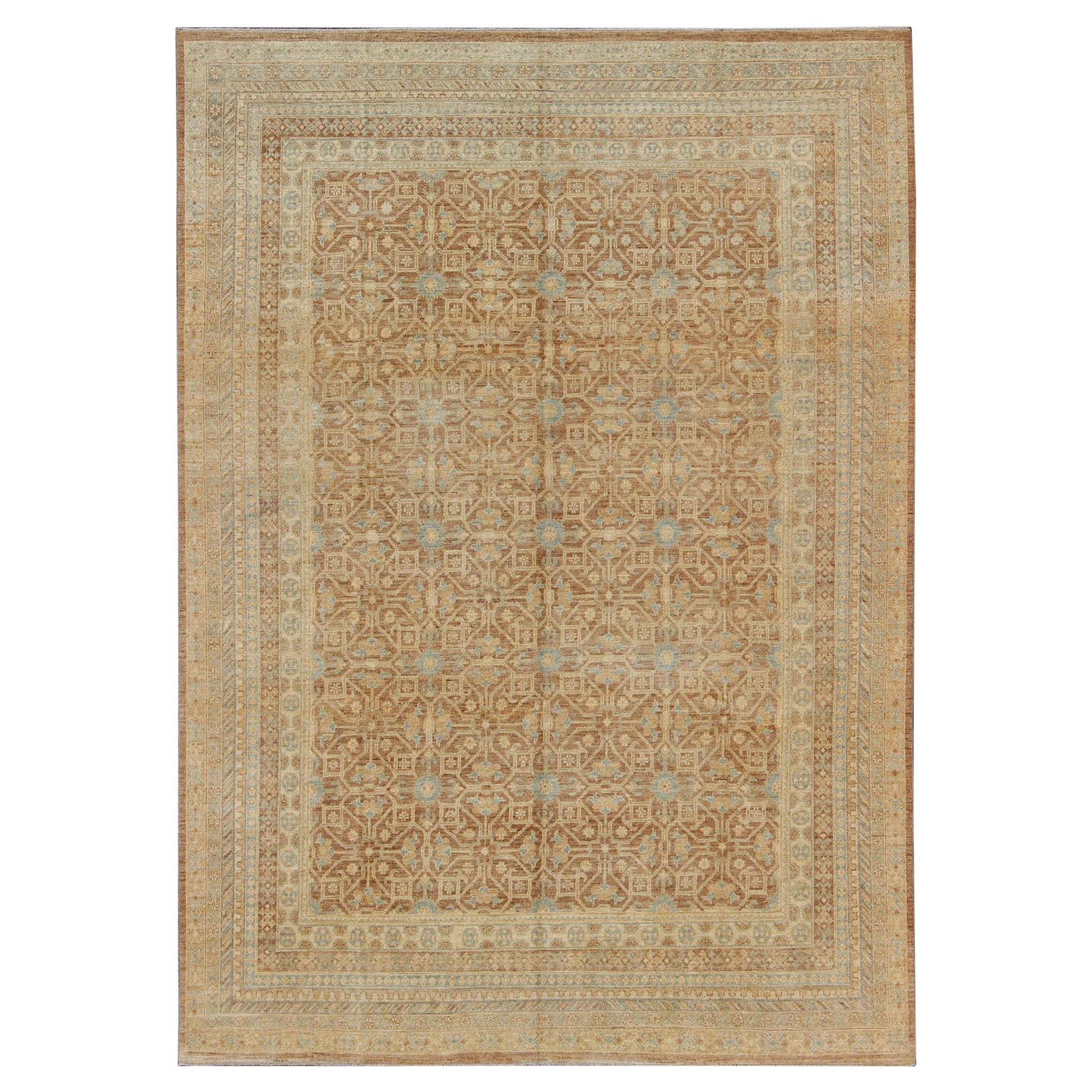Khotan Design Rug with All-Over Geometric Pattern in Light Brown, Butter & Blue