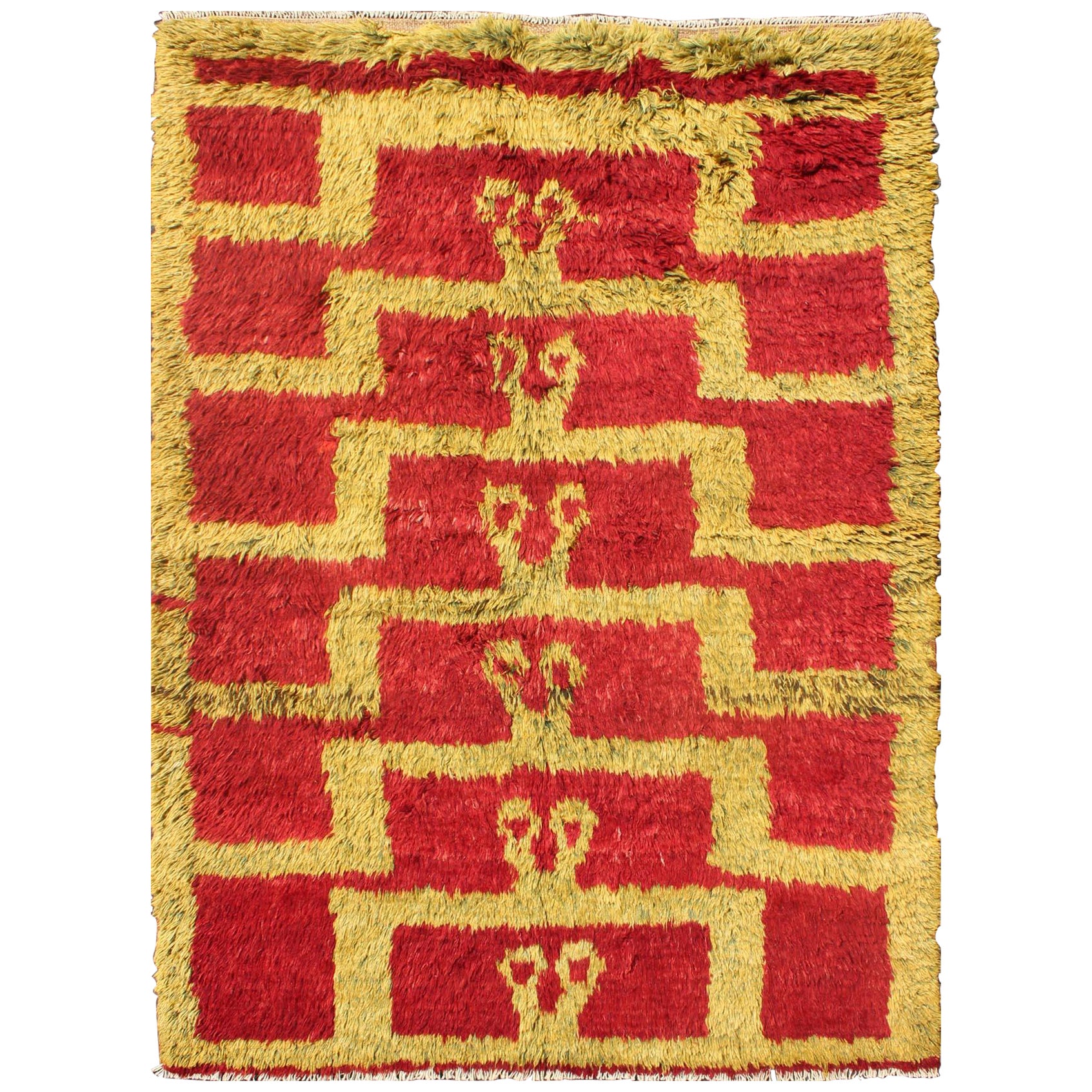 Mid-Century Tulu Vintage Carpet with Tribal Pattern in Red and Green Gold For Sale