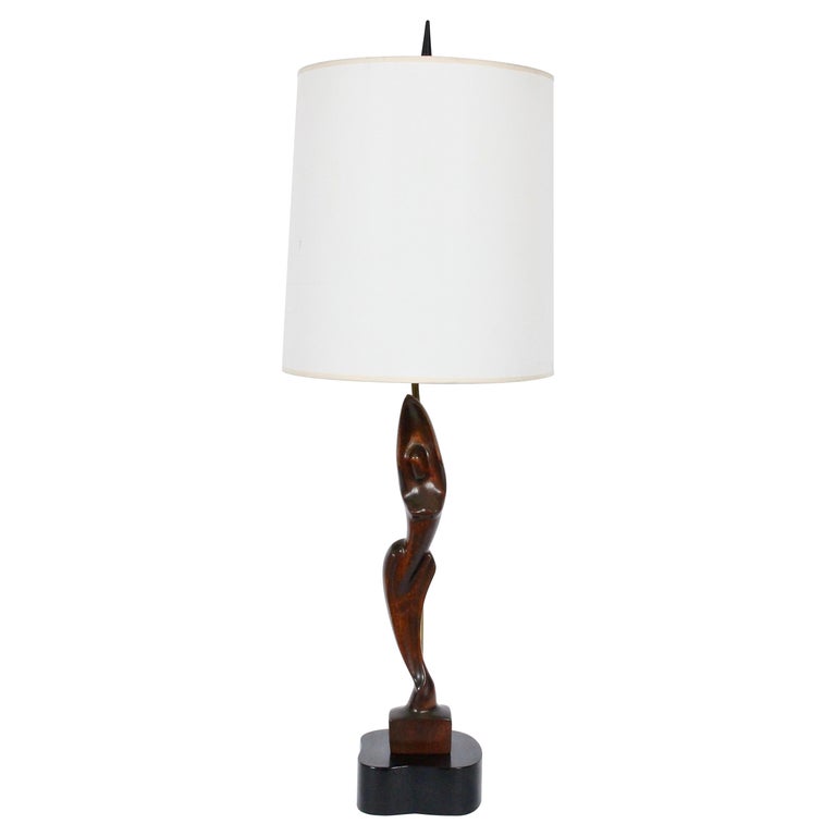 Tall Yasha Heifetz Mahogany Figural Table Lamp, Circa 1950 For Sale